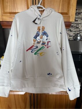 New Ralph Lauren White Bear Painter Graphic Hoodie with Multicolor Scrip